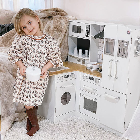 Large Play Kitchen with Full Set of Appliances for a Modern Day Pretend Kitchen, Tons of Storage, Corner Play Kitchen Set with Sound Effect, Educational Pretend Role Playset Game